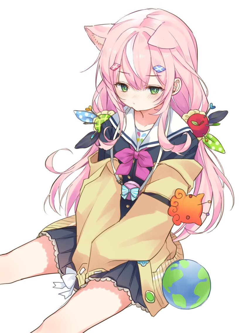 1girl, apple_hair_ornament, black_serafuku, black_skirt, cardigan, food-themed_hair_ornament, green_eyes, gumi_070