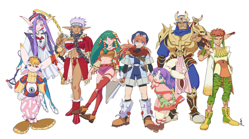 4boys, 4girls, armor, blue_eyes, breasts, brown_hair, closed_mouth, dress, earrings, feena_(grandia), gadwin_(grandia), gloves, grandia, grandia_i, green_eyes, green_hair, guido_(grandia), hair_ornament, hair_tubes, hat, jewelry, justin_(grandia), layered_sleeves, liete_(grandia), lineup, long_hair, looking_at_viewer, medium_breasts, midriff, milda_(grandia), multiple_boys, multiple_girls, open_mouth, pointy_ears, poppoqo, purple_hair, puui_(grandia), rapp_(grandia), red_hair, simple_background, smile, sue_(grandia), sword, sword_on_back, weapon, weapon_on_back, white_background