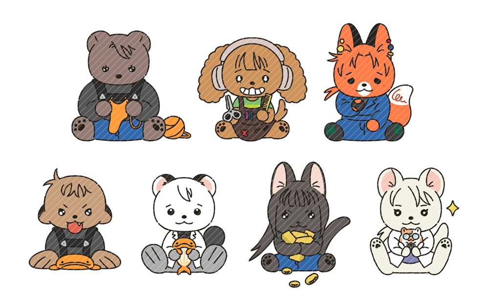 3girls, 4boys, animal, animal_ears, baek_ae-young, bear_boy, blue_jumpsuit, cat_girl, character_request, closed_mouth, comb, commentary_request, dog_girl, eoduun_badaui_deungbul-i_doeeo, fox_boy, furrification, furry, furry_female, furry_male, gof2ull, hamster, holding, holding_comb, holding_stuffed_toy, jihyeok_seo, jumpsuit, kim_jaehee, korean_commentary, lab_coat, looking_at_viewer, multiple_boys, multiple_girls, open_mouth, otter_boy, park_moo-hyun, scissors, shin_hae-ryang, simple_background, sitting, smile, stuffed_animal, stuffed_toy, stuffed_whale, tail, white_background