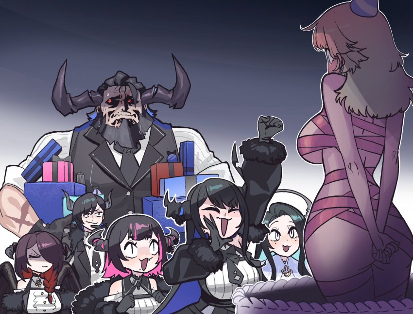 2boys, 5girls, ^_^, aqua_hair, aradia_ravencroft, arm_up, arms_behind_back, ass, awkward, bear, black_hair, blue_hair, blush, breasts, brother_and_sister, brown_hair, cake, closed_eyes, dress_shirt, father_and_child, father_and_daughter, father_and_son, food, gift, gradient_hair, green_hair, hat, highres, hololive, hololive_english, horns, husband_and_wife, large_breasts, long_hair, malpha_ravencroft, malphis_ii_ravencroft, mamarissa, medium_hair, mother_and_child, mother_and_daughter, mother_and_son, multicolored_hair, multiple_boys, multiple_girls, muscular, naked_ribbon, necktie, nerissa_ravencroft, orange_hair, paparissa, parent_and_child, party_hat, pink_hair, red_eyes, red_hair, ribbon, scar, shaded_face, shirt, short_hair, siblings, sideways_glance, sisters, smirk, takanashi_kiara, vest, virtual_youtuber, zedd_(zedgawr)