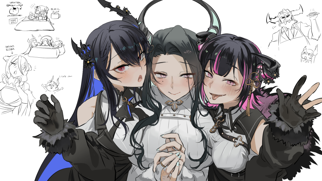 2boys, 4girls, aradia_ravencroft, asymmetrical_docking, asymmetrical_horns, bare_shoulders, black_hair, blue_hair