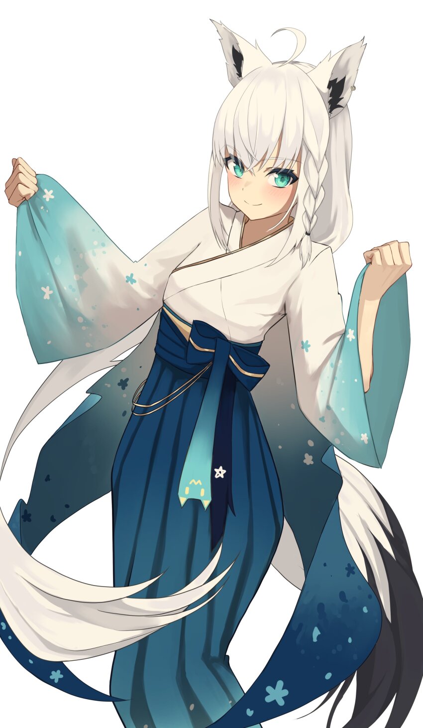 1girl, 2ababa9, absurdres, ahoge, animal_ear_fluff, animal_ears, blue_kimono, blush