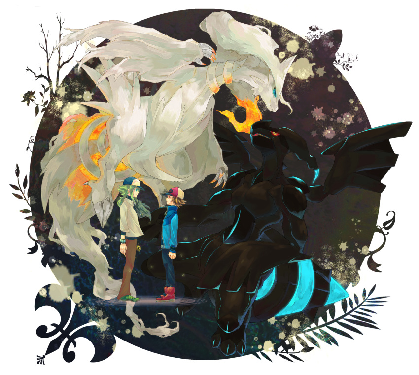 10s, 2boys, absurdres, baseball_cap, brown_hair, gen_5_pokemon, green_hair, hat, highres, hilbert_(pokemon), legendary_pokemon, multiple_boys, n_(pokemon), nintendo, pokemon, pokemon_(creature), pokemon_black_and_white, reshiram, usupin, zekrom