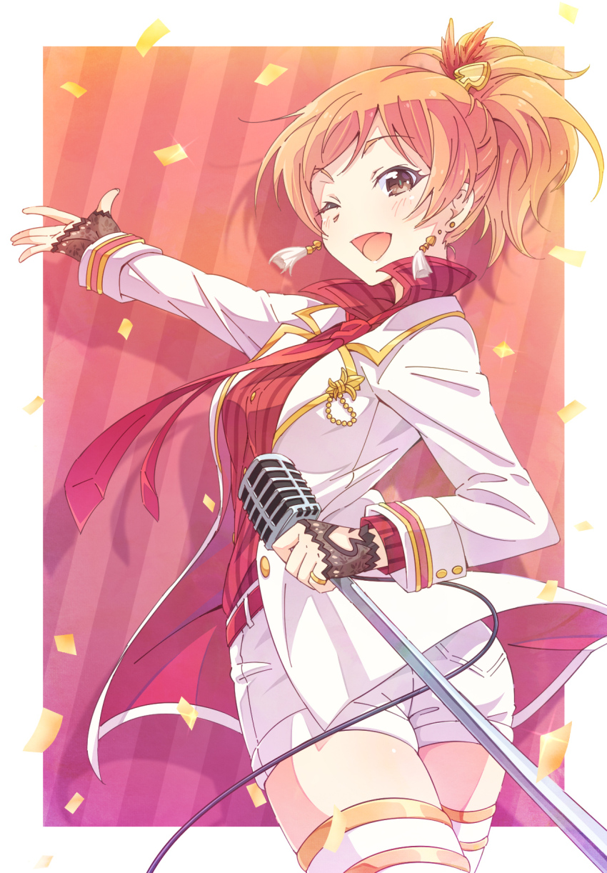 1girl, ass, belt, black_gloves, blush, border, breasts, brown_eyes