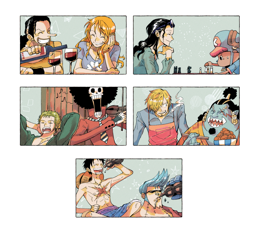 ^_^, afro, alcohol, antlers, horns_through_headwear, apron, black_hair, blonde_hair, blue_hair, blue_shirt, board_game, bottle, bowl, brook_(one_piece), chess, chopsticks, cigarette, closed_eyes, cup, drink, drinking_glass, eating, eyewear_on_head, facial_hair, fish_boy, food, franky_(one_piece), green_hair, green_shirt, grin, hair_over_one_eye, hair_slicked_back, hat, highres, holding, holding_chopsticks, holding_instrument, holding_violin, horns, instrument, jinbe_(one_piece), living_(nsiring), long_nose, long_sleeves, monkey_d._luffy, music, nami_(one_piece), necktie, nico_robin, one_piece, open_mouth, orange_hair, paneled_background, playing_chess, playing_instrument, pouring, red_shirt, reindeer, reindeer_antlers, roronoa_zoro, sanji_(one_piece), scar, scar_across_eye, scar_on_chest, scar_on_face, shirt, short_sleeves, shorts, simple_background, singing, skeleton, sleeping, smile, smoking, straw_hat, straw_hat_pirates, sunglasses, tony_tony_chopper, topless_male, unworn_hat, unworn_headwear, usopp, violin, wine, wine_bottle, wine_glass, wristband