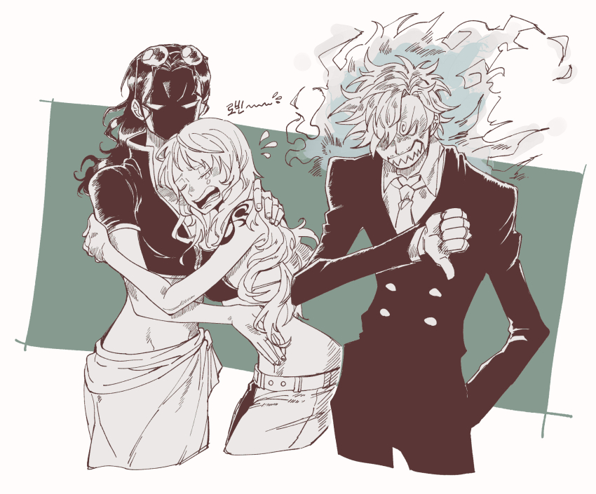 1boy, 2girls, angry, bikini, bikini_top_only, clenched_teeth, crying, curly_eyebrows, eyewear_on_head, facial_hair, fire, formal_clothes, furious, green_background, greyscale_with_colored_background, hand_in_pocket, highres, hug, living_(nsiring), long_sleeves, looking_at_viewer, multiple_girls, nami_(one_piece), nami_(one_piece)_(return_to_sabaody), necktie, nico_robin, nico_robin_(return_to_sabaody), one_piece, pants, sanji_(one_piece), sarong, shaded_face, short_sleeves, shoulder_tattoo, simple_background, suit, swimsuit, tattoo, teeth, thumbs_down