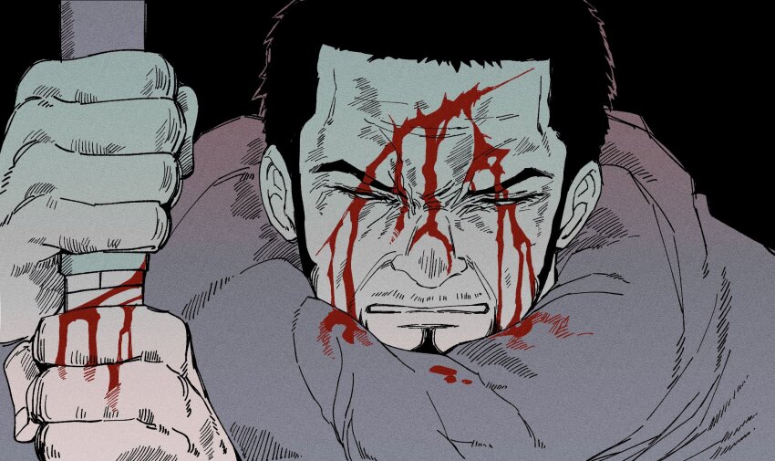 1boy, black_background, black_hair, blind, blood, blood_on_face, blood_on_hands, bloody_weapon