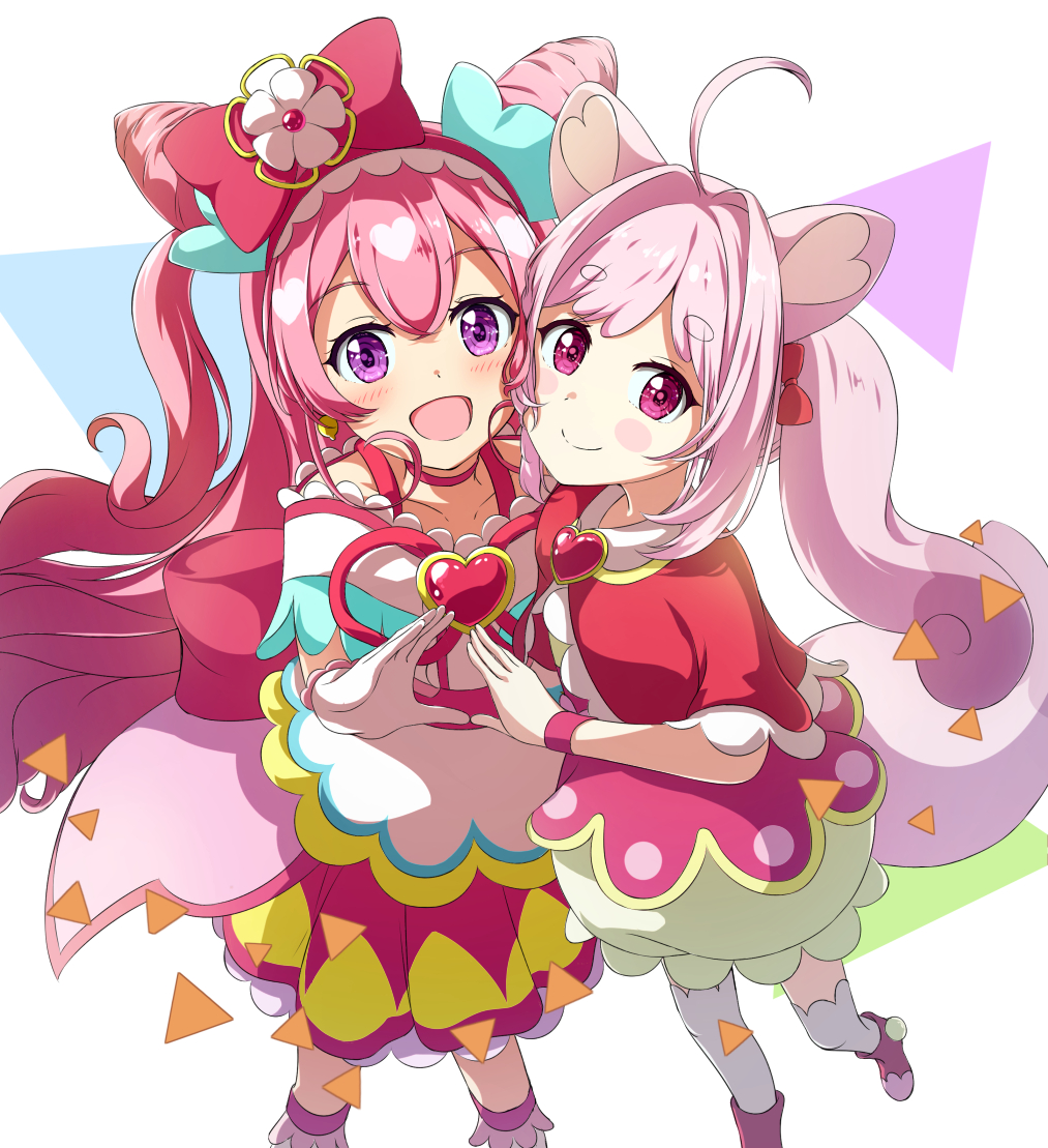 2girls, :d, ahoge, blush_stickers, boots, capelet, character_request, check_character