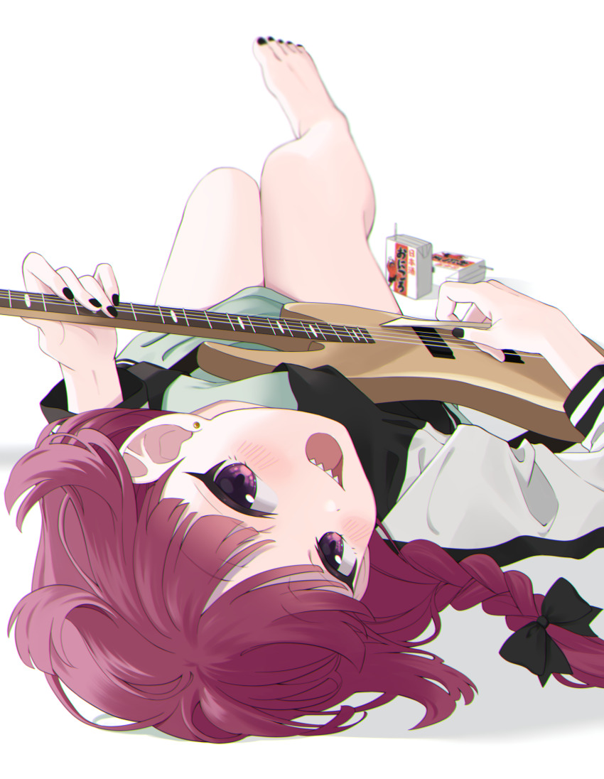 1girl, :d, alcohol, bare_legs, barefoot, bass_guitar, black_bow, black_nails, blunt_bangs, blurry, blush, bocchi_the_rock!, bow, braid, commentary_request, depth_of_field, dress, earrings, foot_up, foreshortening, full_body, green_dress, hair_bow, hair_spread_out, head_tilt, highres, hiroi_kikuri, holding, holding_instrument, instrument, jacket, jewelry, looking_at_viewer, looking_up, lying, m_0506, music, nail_polish, on_back, open_mouth, playing_bass_guitar, playing_instrument, purple_eyes, purple_hair, sharp_teeth, simple_background, single_braid, smile, teeth, toenail_polish, toenails, upper_teeth_only, white_background, yamaha_trb
