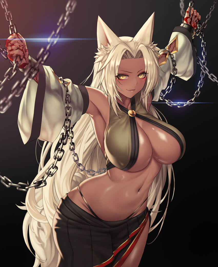 1girl, animal_ears, armpits, asymmetrical_skirt, black_skirt, blonde_hair, blood, blood_on_hands