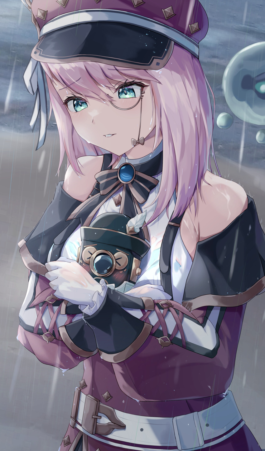 1girl, absurdres, belt, blue_gem, bow, brooch, camera, charlotte_(genshin_impact)