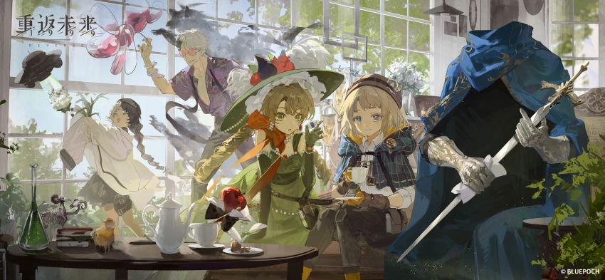 2girls, 3boys, :d, :o, a_knight_(reverse:1999), alien_t, animal_skeleton, apple