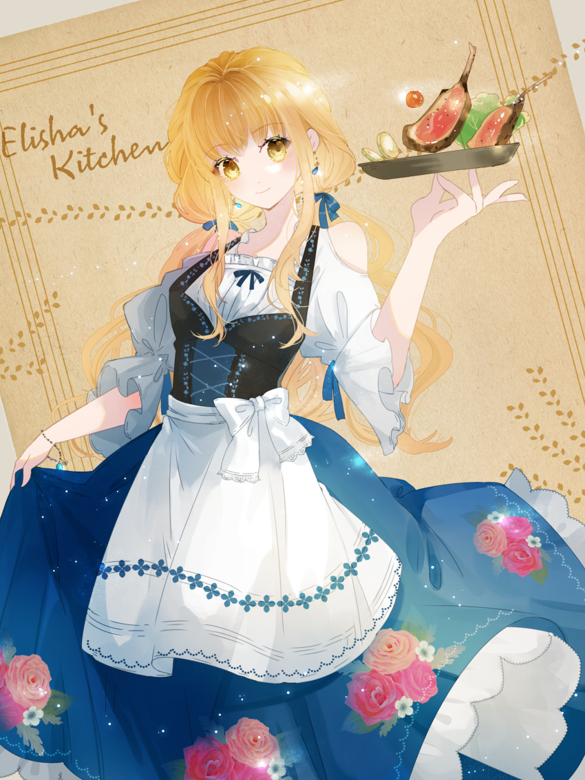 1girl, blonde_hair, bow, bracelet, brown_background, character_name, dairoku_ryouhei, dress, earrings, elisha_paltier, floral_dress, food, highres, holding, holding_plate, jewelry, long_hair, looking_at_viewer, meat, plate, rittz_tw, very_long_hair, white_bow, yellow_eyes