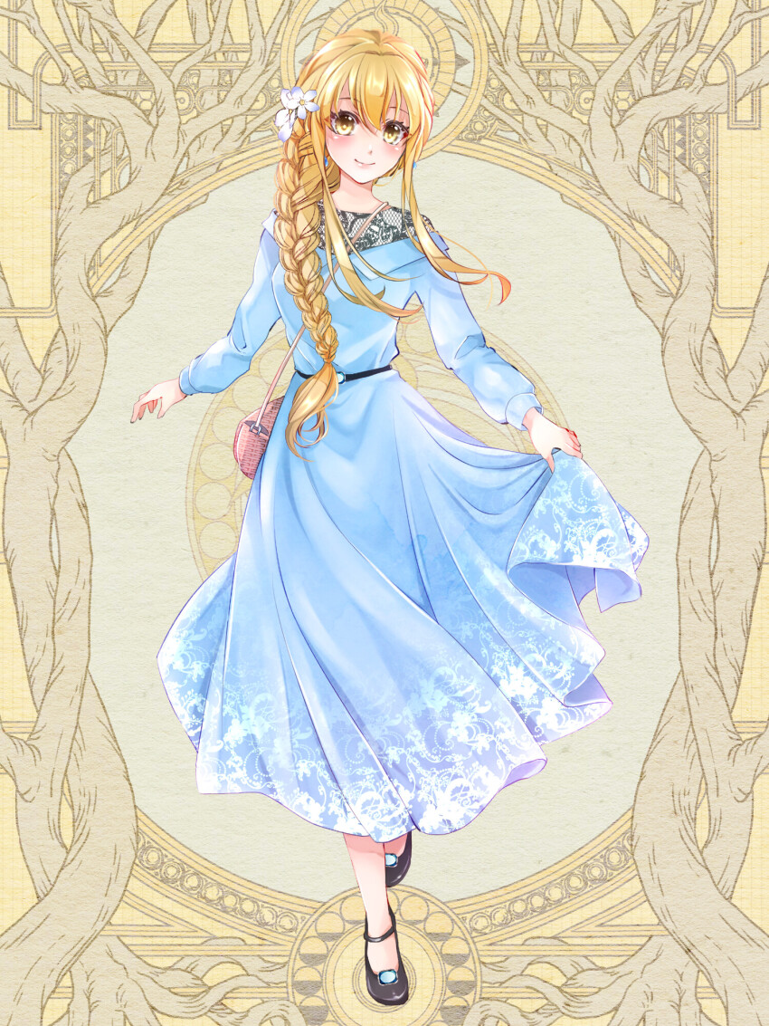 1girl, bag, black_footwear, blonde_hair, blue_dress, braid, dairoku_ryouhei, dress, elisha_paltier, flower, full_body, hair_flower, hair_ornament, handbag, highres, holding_own_dress, long_hair, long_sleeves, looking_at_viewer, shima_(shima46653800), simple_background, smile, solo, standing, yellow_background, yellow_eyes