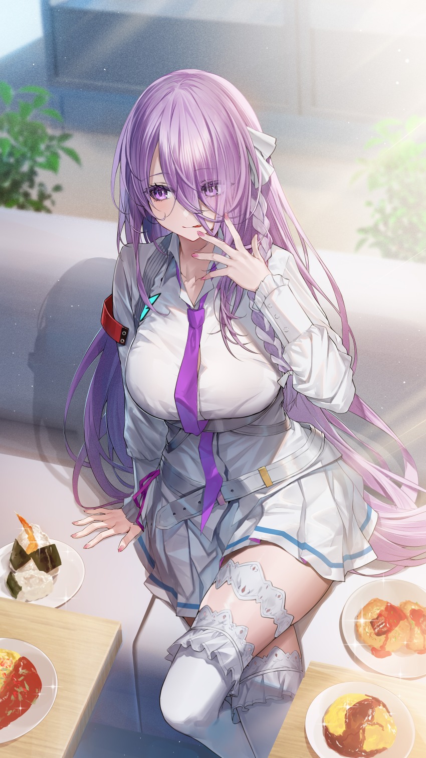 1girl, absurdres, belt, braid, breasts, chest_harness, collarbone, collared_shirt