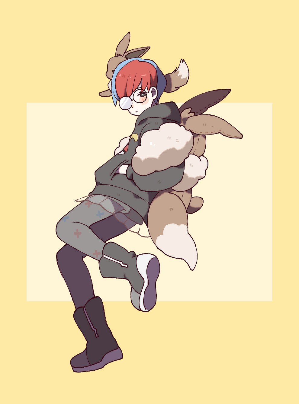 1girl, backpack, bag, blush, boots, bright_pupils, brown_bag, closed_mouth