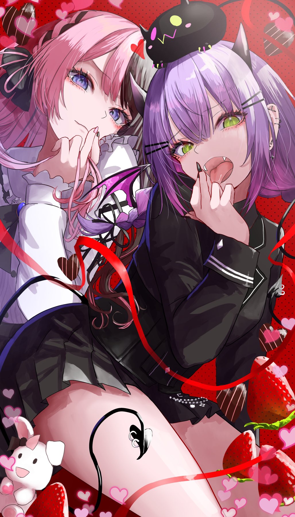 2girls, bibi_(tokoyami_towa), black_bow, black_nails, black_shirt, black_skirt, blue_eyes, blush