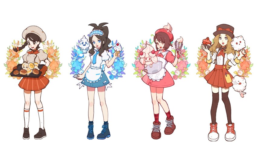 4girls, :d, alcremie, alcremie_(strawberry_sweet), alternate_costume, antenna_hair, apron, blue_eyes