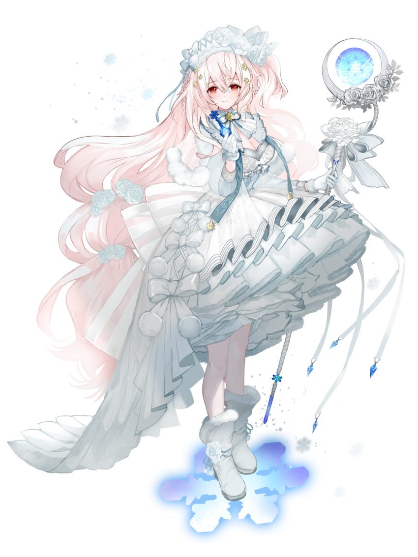 1girl, boots, bow, breasts, cleavage, dairoku_ryouhei, dress, dress_bow, erica_(tw), flower, full_body, fur-trimmed_boots, fur-trimmed_dress, fur_trim, gloves, hair_between_eyes, hair_flower, hair_ornament, highres, holding, holding_wand, lana_spiraea, large_breasts, long_hair, medium_breasts, pink_hair, red_eyes, snowflakes, solo, standing, transparent_background, very_long_hair, wand, white_boots, white_bow, white_dress, white_gloves, white_headwear