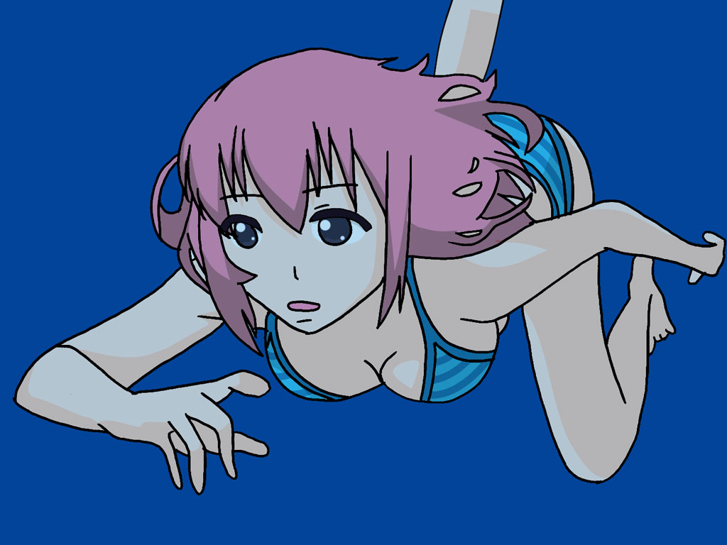 1girl, album, album_art, album_cover, album_cover_redraw, barefoot, bikini, blue_eyes