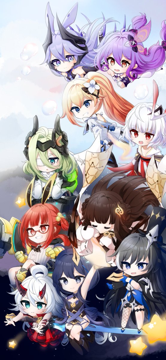 6+girls, :d, ahoge, animal_ears, arm_up, armpits, asymmetrical_horns, bella_(honkai_impact)