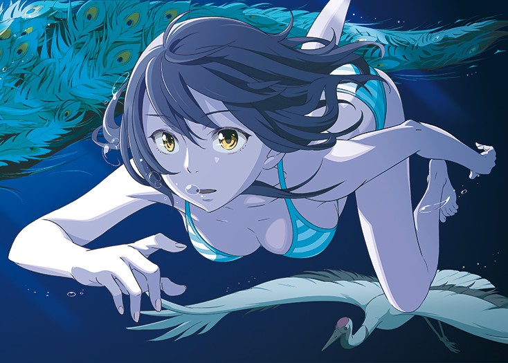 1girl, air_bubble, album, barefoot, bikini, bird, black_hair, blowing_bubbles