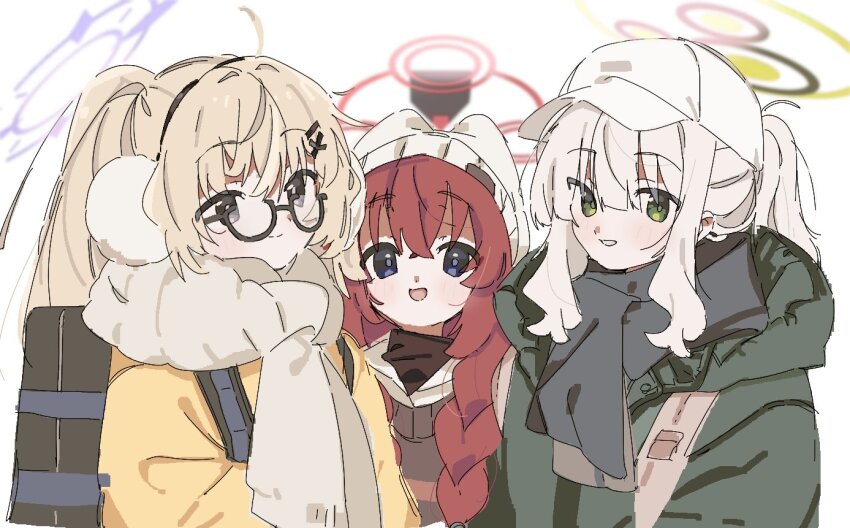 3girls, :d, animal_ear_headwear, animal_ears, bag, baseball_cap, black-framed_eyewear, black_bag