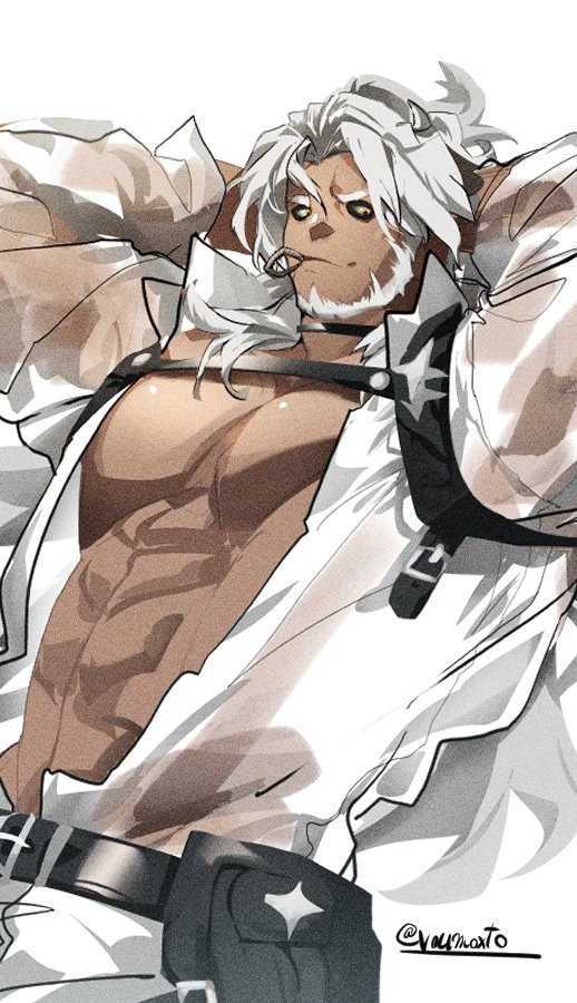 1boy, ai_manato, alchemy_stars, bara, bare_pectorals, beard, chest_harness, dark-skinned_male