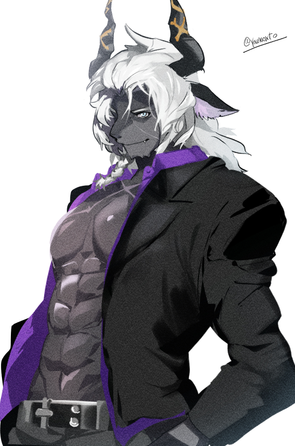 1boy, ai_manato, alchemy_stars, bara, bare_pectorals, black_suit, blue_eyes, cowboy_shot