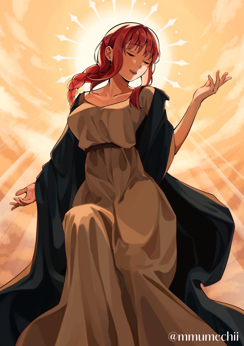 1girl, alternate_costume, braid, braided_ponytail, chainsaw_man, closed_eyes, cloud, dress