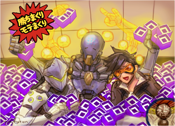 1girl, 2boys, :d, bathing, brown_eyes, brown_hair, closed_eyes, commentary_request, cyborg, extra_arms, genji_(overwatch), goggles, humanoid_robot, kachimakuri_motemakuri_(meme), looking_at_viewer, meme, multiple_boys, omnic, open_mouth, orange_goggles, orb, overwatch, robot, short_hair, smile, spiked_hair, tile_wall, tiles, tracer_(overwatch), translation_request, upper_body, yvn_futon, zenyatta_(overwatch)