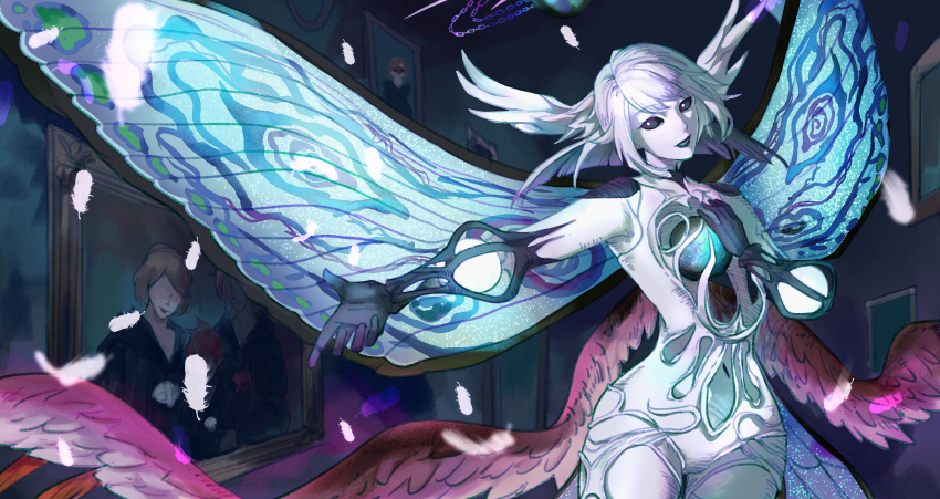 1girl, absurdres, athena_(ff14), black_eyes, black_hands, black_lips, chain_halo, colored_extremities