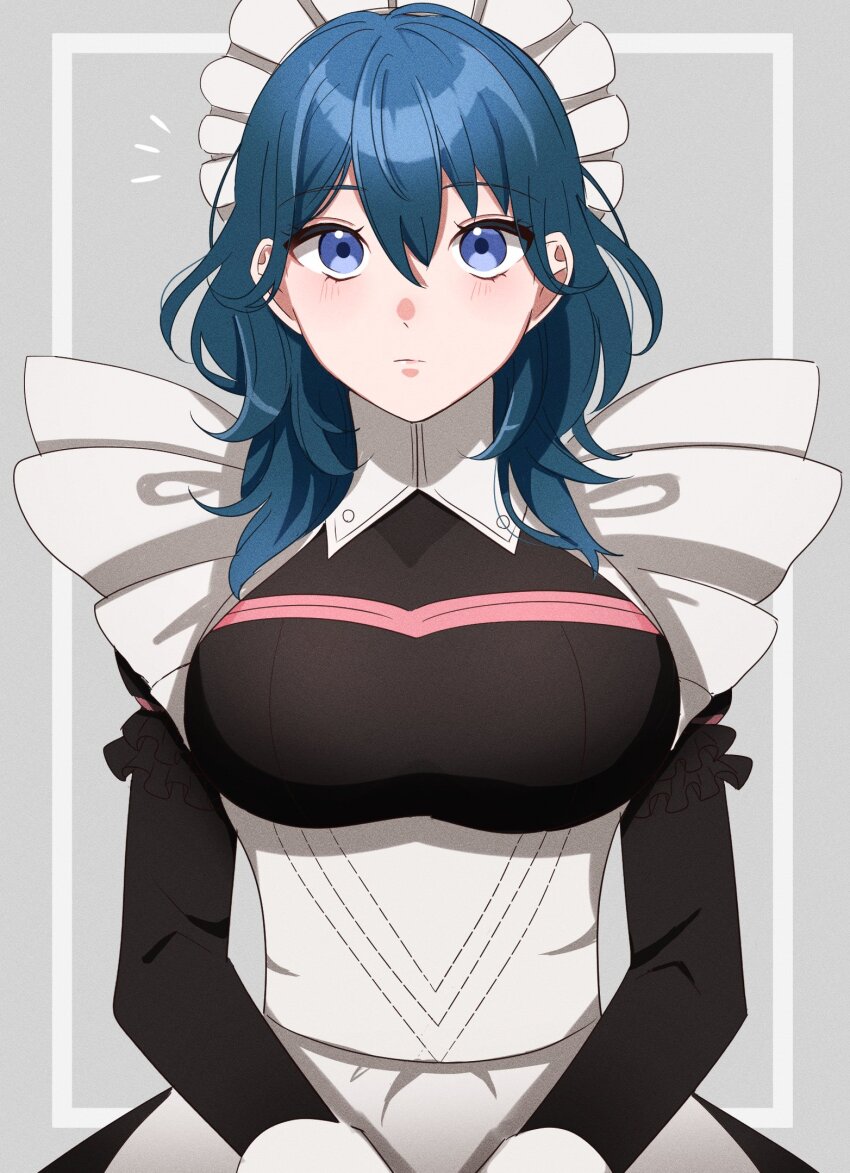 1girl, apron, black_dress, blue_eyes, blue_hair, blush, breasts, female_byleth_(fire_emblem), closed_mouth, dress, fire_emblem, fire_emblem:_three_houses, gmais2514, hair_between_eyes, highres, large_breasts, long_hair, long_sleeves, looking_at_viewer, maid, maid_headdress, mixed-language_commentary, nintendo, official_alternate_costume, solo, waist_apron, wavy_hair, white_apron