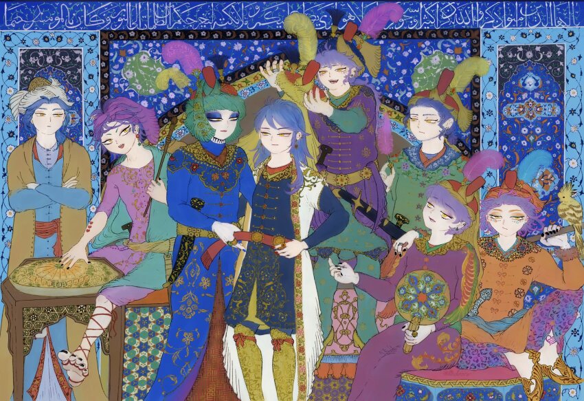 arabic_text, barefoot, black_nails, blue_hair, crossed_arms, ear_piercing, earrings, gender_request