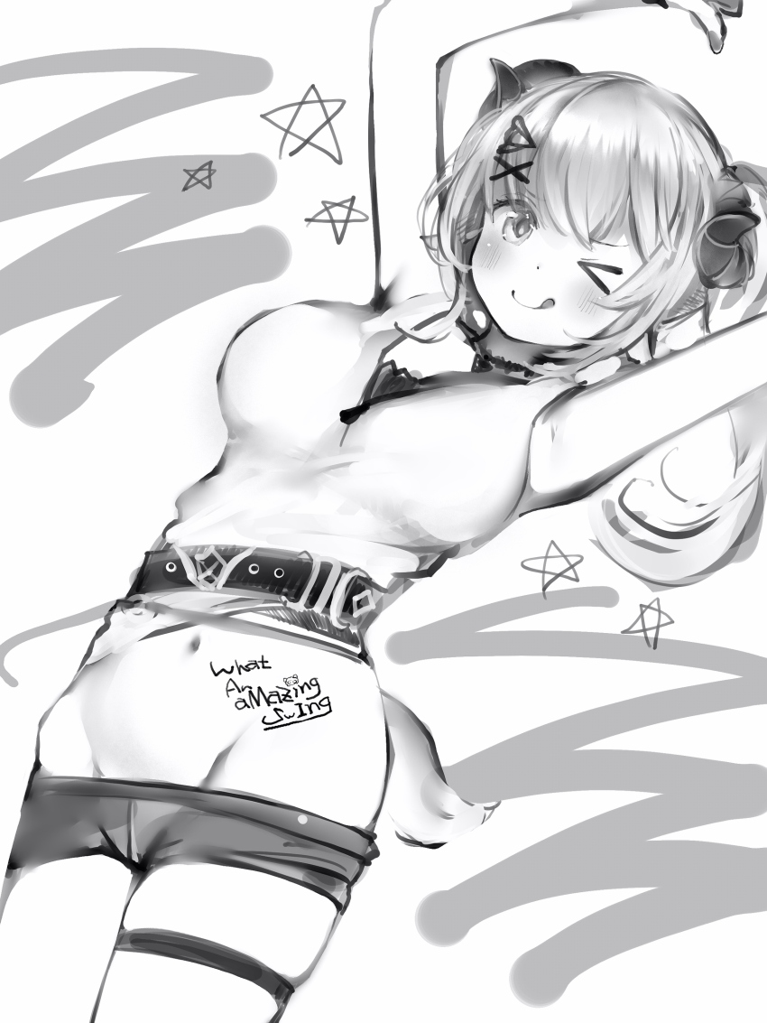 >_o, 1girl, ;q, absurdres, arms_up, bare_arms, belt, body_writing