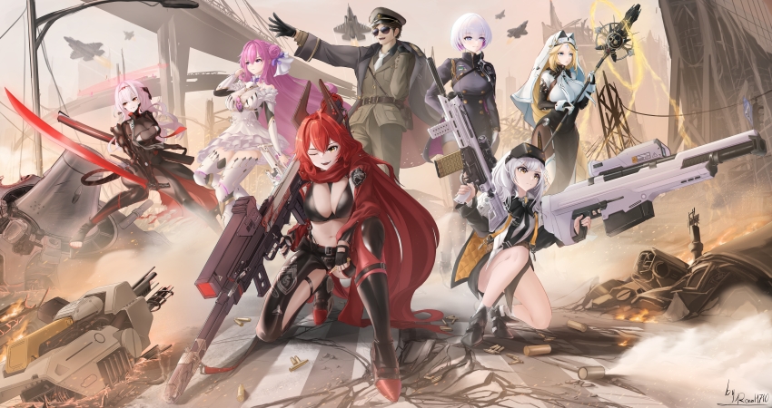 +_+, 1boy, 6+girls, ;d, absurdres, ahoge, aiguillette, aircraft