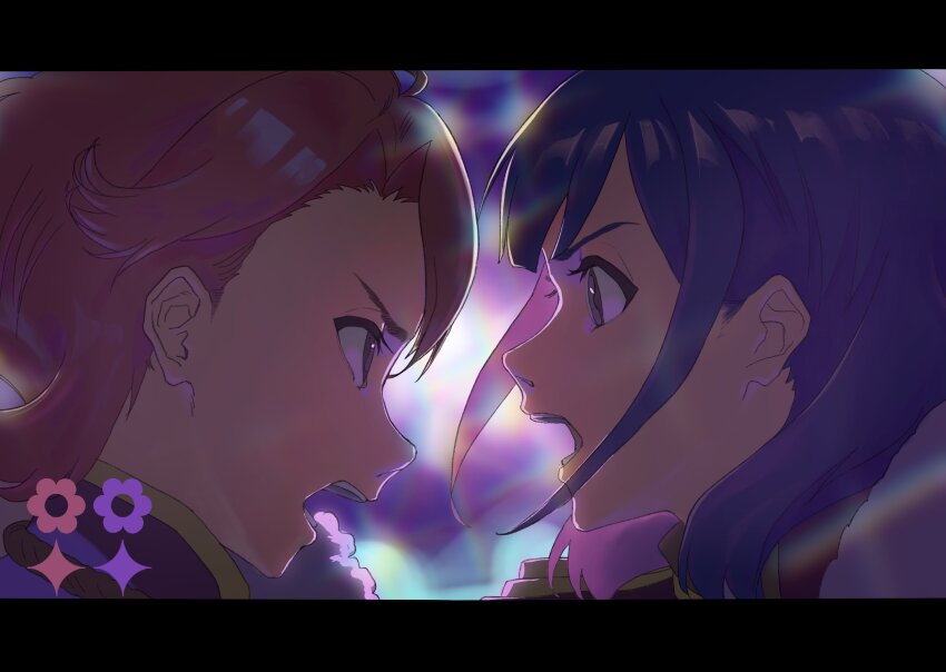 2girls, absurdres, angry, backlighting, blue_hair, blurry, blurry_background, eye_contact