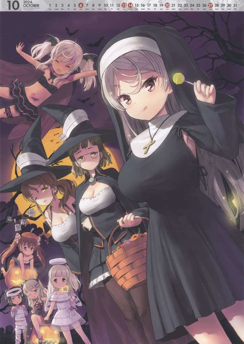6+girls, absurdres, ahoge, angel, angel_wings, bare_arms, bare_shoulders, black_dress, black_hair, blonde_hair, blunt_bangs, bow, breasts, brown_eyes, brown_hair, candy, capelet, comandante_cappellini_(halloween)_(kancolle), comandante_cappellini_(kancolle), conte_di_cavour_(halloween)_(kancolle), conte_di_cavour_(kancolle), conte_di_cavour_nuovo_(kancolle), cowboy_shot, cross, dark-skinned_female, dark_skin, dress, eyewear_strap, fake_halo, food, glasses, grecale_(halloween)_(kancolle), grecale_(kancolle), green_eyes, grey_hair, hair_between_eyes, hair_bow, hair_ornament, hair_ribbon, hairclip, halloween, halo, hat, highres, image_sample, italia_(kancolle), jiji_(aardvark), kantai_collection, large_breasts, libeccio_(halloween)_(kancolle), libeccio_(kancolle), littorio_(halloween)_(kancolle), littorio_(kancolle), lollipop, long_hair, long_sleeves, looking_at_viewer, maestrale_(halloween)_(kancolle), maestrale_(kancolle), mole, mole_under_eye, multicolored_hair, multiple_girls, mummy_costume, navel, nun, official_art, one_side_up, open_mouth, pink_hair, ponytail, ribbon, roma_(halloween)_(kancolle), roma_(kancolle), scirocco_(halloween)_(kancolle), scirocco_(kancolle), short_hair, sleeveless, sleeveless_dress, smile, stomach, streaked_hair, tan, twintails, two_side_up, vampire_costume, wavy_hair, white_wings, wings, witch, witch_hat, yandere_sample