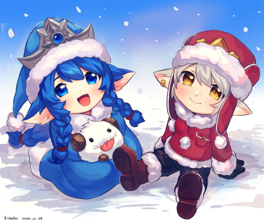 2girls, :d, artist_name, black_pants, blue_dress, blue_eyes, blue_headwear, boots, braid, braided_ponytail, dated, dress, earnest_elf_tristana, earrings, fur-trimmed_boots, fur-trimmed_headwear, fur-trimmed_jacket, fur_trim, green_hair, hat, highres, jacket, jewelry, kinoko_doka-gui_kizetsu-bu, league_of_legends, long_sleeves, lulu_(league_of_legends), multiple_girls, open_mouth, orange_eyes, pants, pointy_ears, poro_(league_of_legends), santa_costume, santa_hat, short_hair, side_braids, sitting, smile, snow, tristana, tristana_(league_of_legends), winter_wonder_lulu