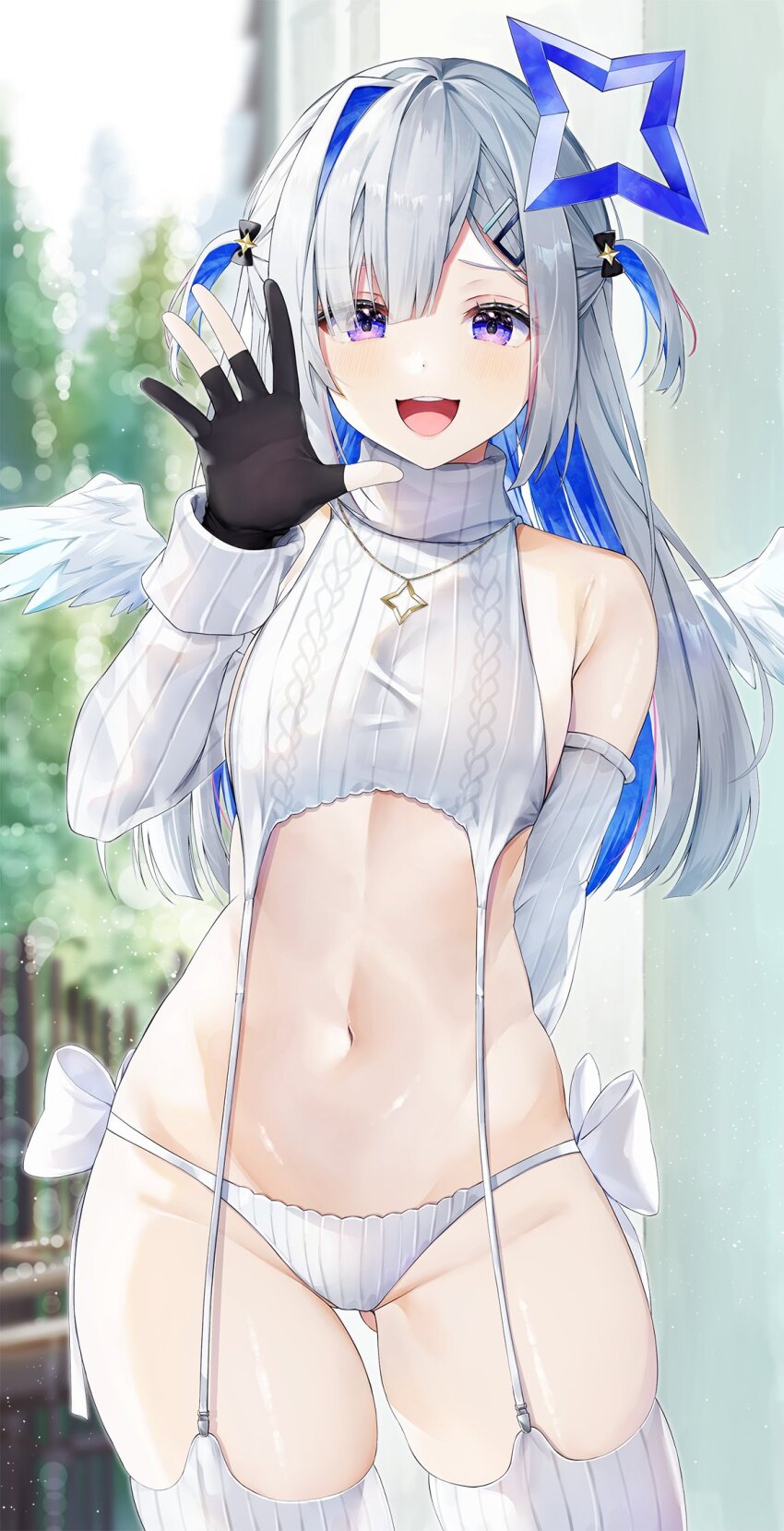 1girl, alternate_costume, amane_kanata, arm_behind_back, black_gloves, blue_hair, breasts, colored_inner_hair, detached_sleeves, garter_straps, gloves, grey_hair, hair_intakes, hair_ornament, hairpin, halo, hazuki_yuzuru, highres, hololive, long_hair, multicolored_hair, navel, open_mouth, panties, partially_fingerless_gloves, purple_eyes, sleeveless, sleeveless_sweater, small_breasts, smile, solo, star_halo, sweater, teeth, thighhighs, turtleneck, turtleneck_sweater, two_side_up, underwear, upper_teeth_only, virgin_destroyer_sweater, virtual_youtuber, white_garter_straps, white_panties, white_sleeves, white_sweater, white_thighhighs