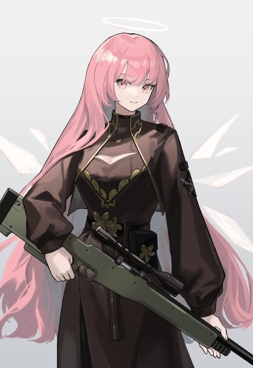 1girl, ai_arctic_warfare, arknights, belt, belt_pouch, bolt_action, breasts, brown_belt