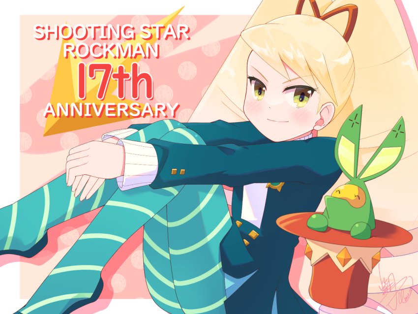 2girls, anniversary, big_hair, blonde_hair, blue_jacket, blue_pantyhose, closed_mouth, drill_hair