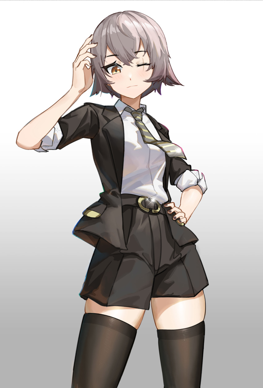 absurdres, belt, brown_hair, collared_shirt, cowboy_shot, formal_clothes, girls'_frontline, girls'_frontline_2:_exilium