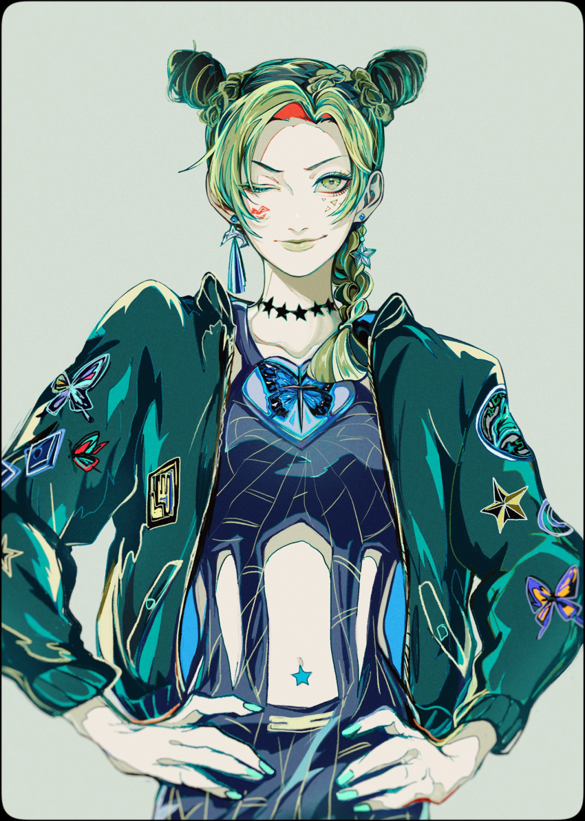 1girl, black_border, black_hair, black_pants, black_shirt, blurry, border, braid, braided_ponytail, brooch, bug, bun_with_braided_base, butterfly, cone_hair_bun, double_bun, earrings, eyeshadow, facial_mark, green_eyes, green_eyeshadow, green_hair, green_jacket, green_lips, grey_background, hair_bun, hair_over_shoulder, hands_on_own_hips, highres, insect, jacket, jewelry, jojo_no_kimyou_na_bouken, kuujou_jolyne, lipstick_mark, long_sleeves, looking_at_viewer, makeup, midriff, mismatched_earrings, mizudama, multicolored_hair, nail_polish, navel_piercing, neck_tattoo, one_eye_closed, pants, patch, piercing, print_pants, print_shirt, rounded_corners, shirt, simple_background, single_braid, smirk, solo, spider_web_print, star_(symbol), star_earrings, stone_ocean, tattoo, two-tone_hair, upper_body
