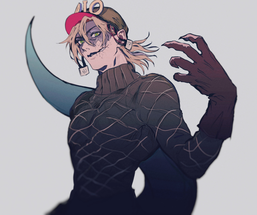 1boy, argyle_clothes, argyle_sweater, black_sweater, blonde_hair, brown_gloves, cracked_skin, diego_brando, dinosaur_boy, dinosaur_tail, fingernails, glasgow_smile, gloves, green_eyes, green_hat, grey_background, hair_between_eyes, hand_up, hat, highres, jojo_no_kimyou_na_bouken, long_sleeves, looking_at_viewer, male_focus, medium_hair, mizudama, scary_monsters_(stand), sharp_fingernails, shirt, simple_background, slit_pupils, solo, stand_(jojo), steel_ball_run, sweater, tail, turtleneck, turtleneck_sweater, upper_body