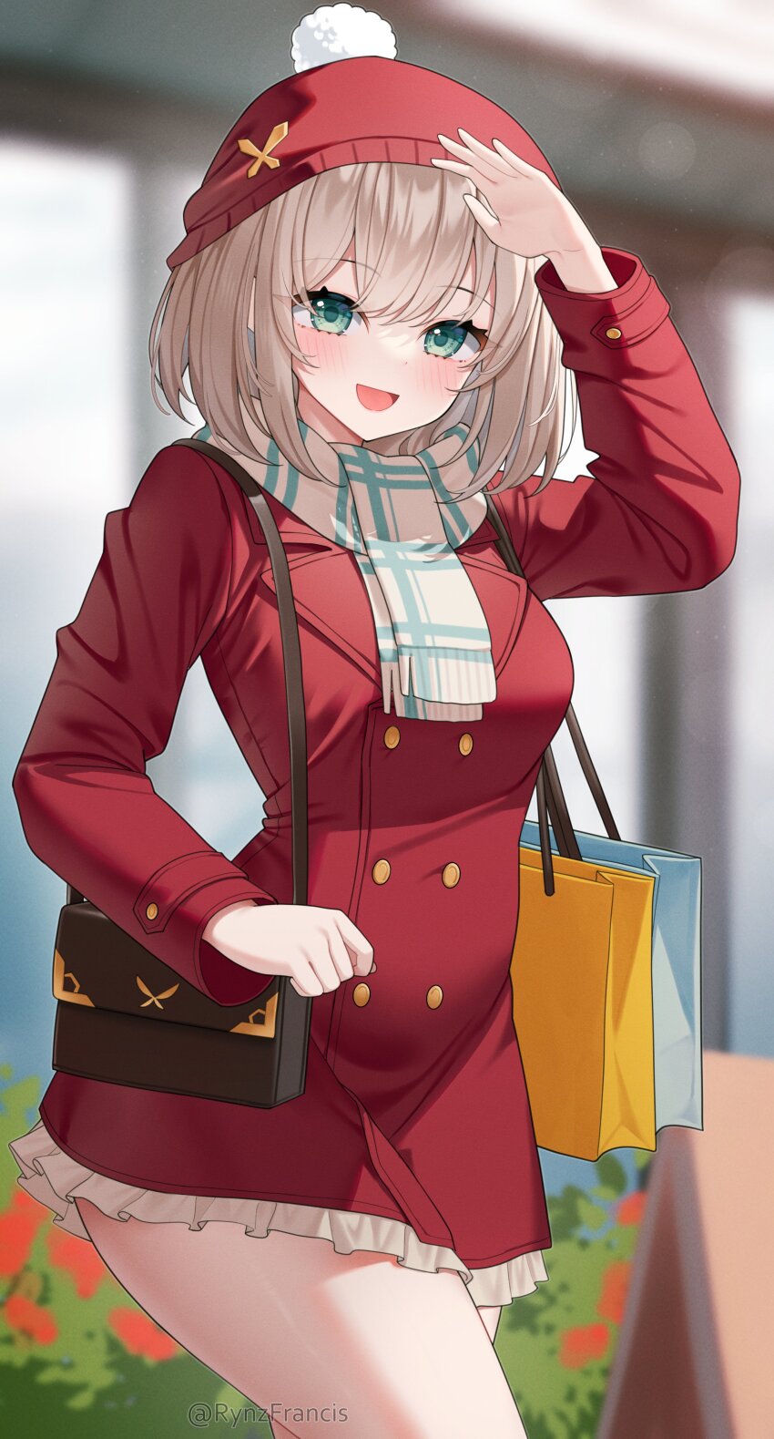 1girl, :d, absurdres, bag, beanie, blonde_hair, blue_eyes, blush