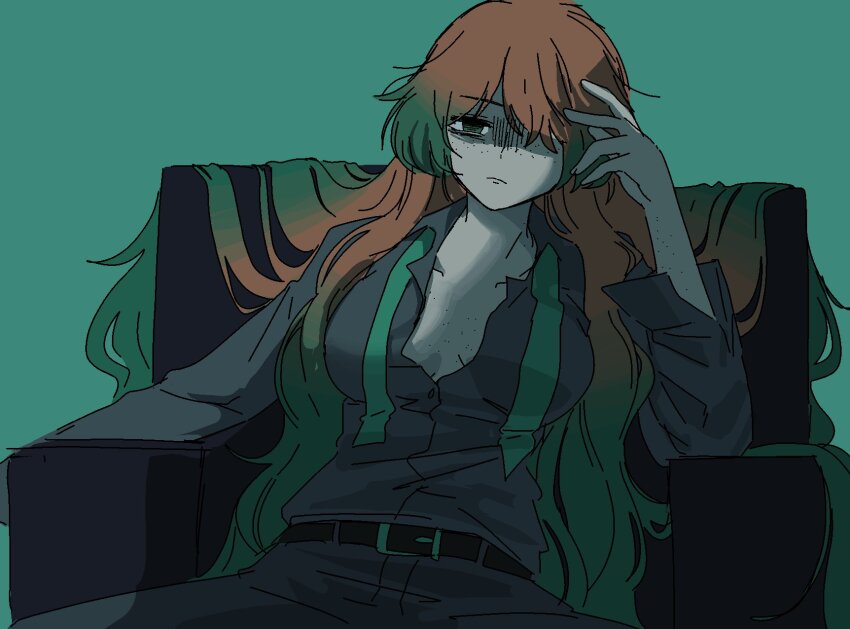 1girl, armchair, belt, black_belt, blind_obsession_(e.g.o), breasts, breasts_apart, chair