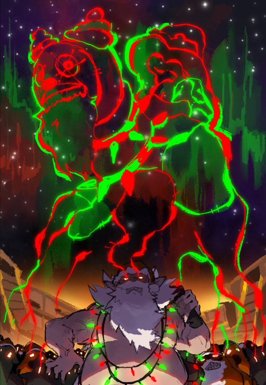 aip_(monarchaip), aurora, beard, christmas_lights, facial_hair, gnome_(project_moon), hat, highres, holding, holding_sack, limbus_company, night, no_humans, project_moon, sack, sandolph_(project_moon), santa_hat, santata_(project_moon), sharp_teeth, sky, star_(sky), teeth