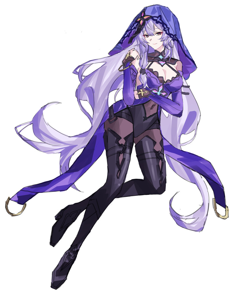 1girl, absurdres, bare_shoulders, black_boots, black_swan_(honkai:_star_rail), black_thighhighs, boots, breasts