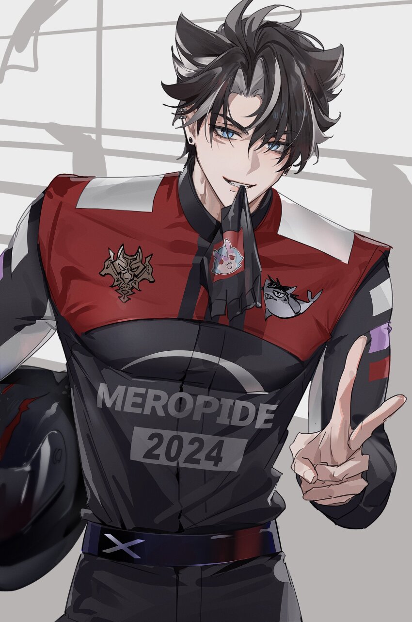 1boy, 41097772s, absurdres, biting, biting_glove, black_gloves, black_hair, blue_eyes